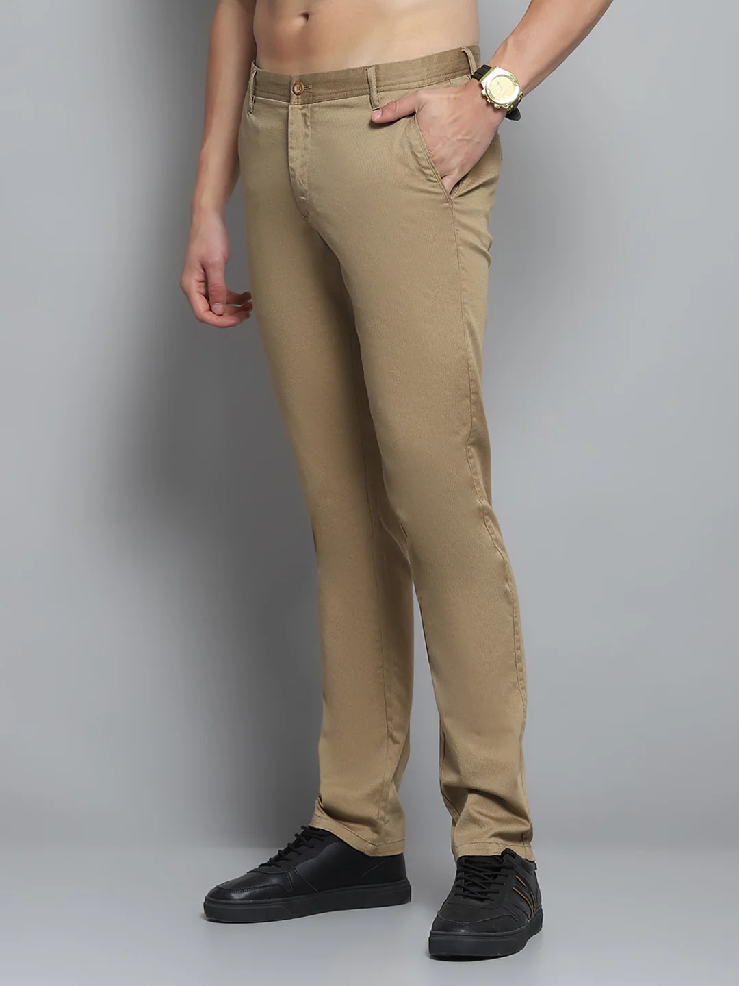 Men Khaki Solid Trouser - Image 3