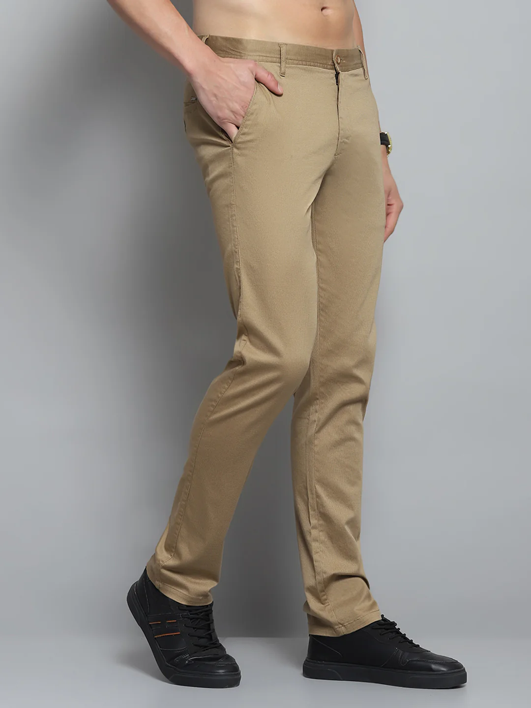 Men Khaki Solid Trouser - Image 4