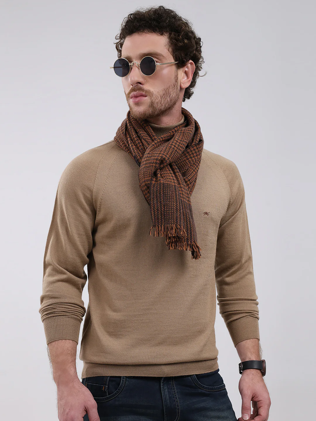 Men Khaki Solid Turtle Neck Full Sleeve Pullover - Image 6