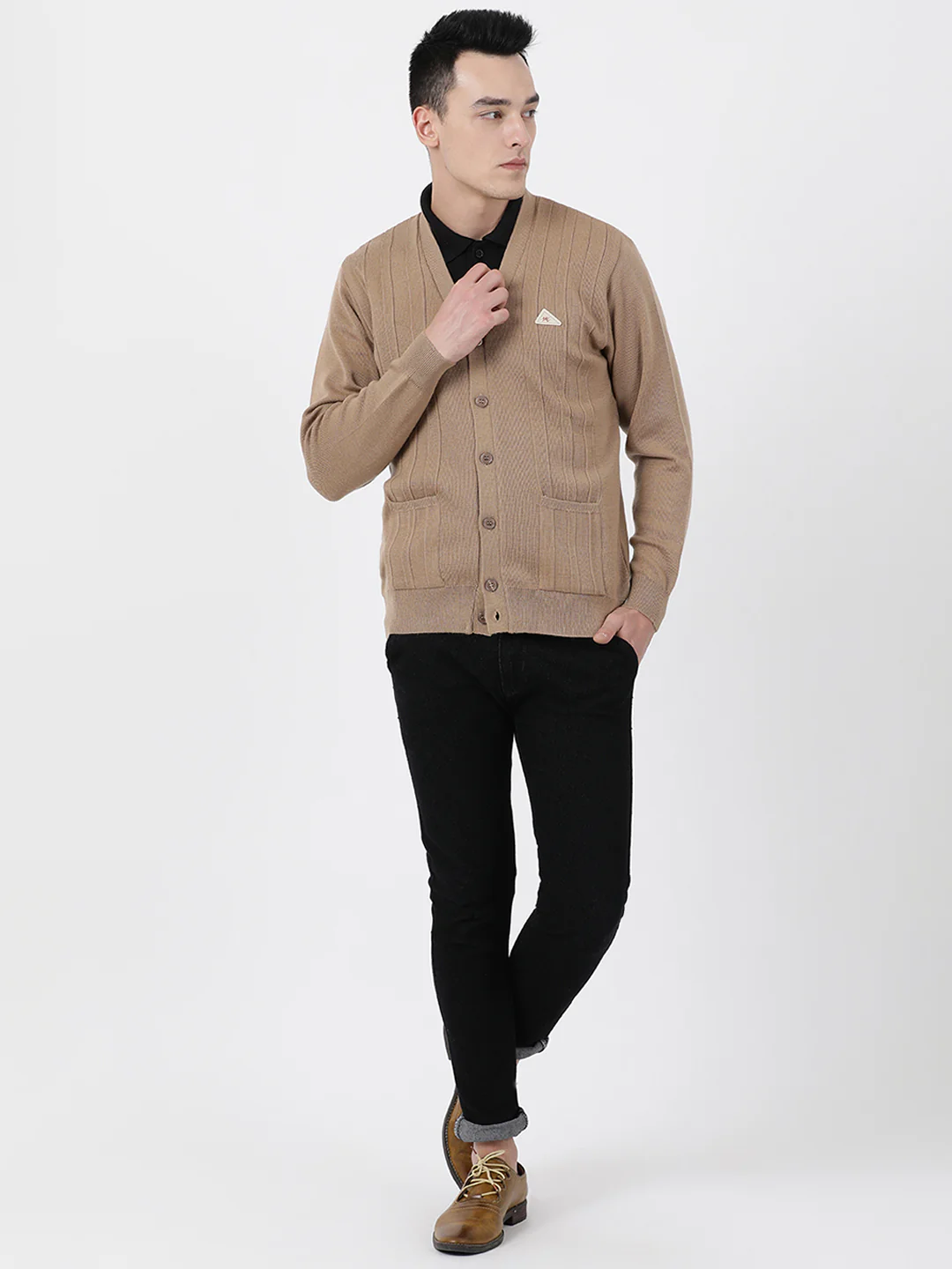 Men Khaki Solid V Neck Full Sleeve Cardigan - Image 2