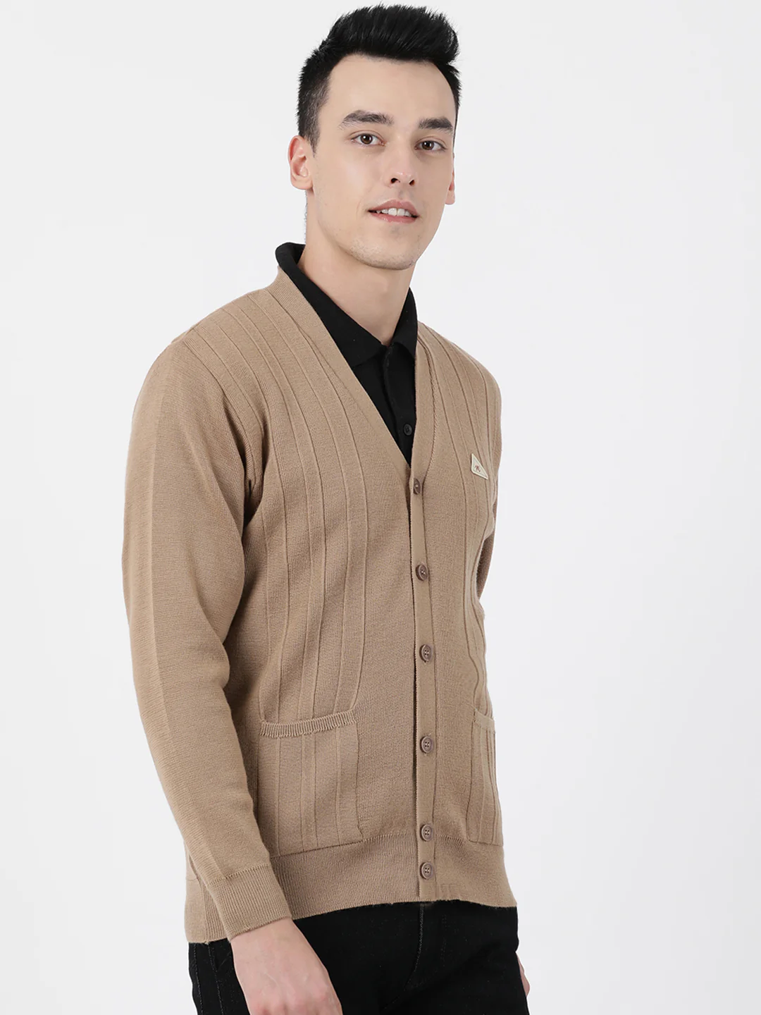 Men Khaki Solid V Neck Full Sleeve Cardigan - Image 6