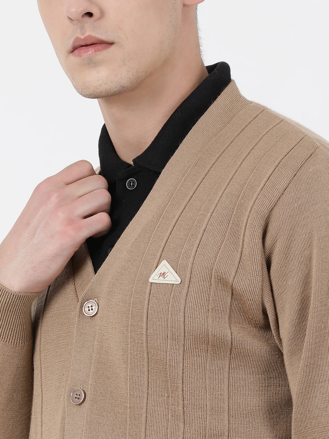 Men Khaki Solid V Neck Full Sleeve Cardigan - Image 8