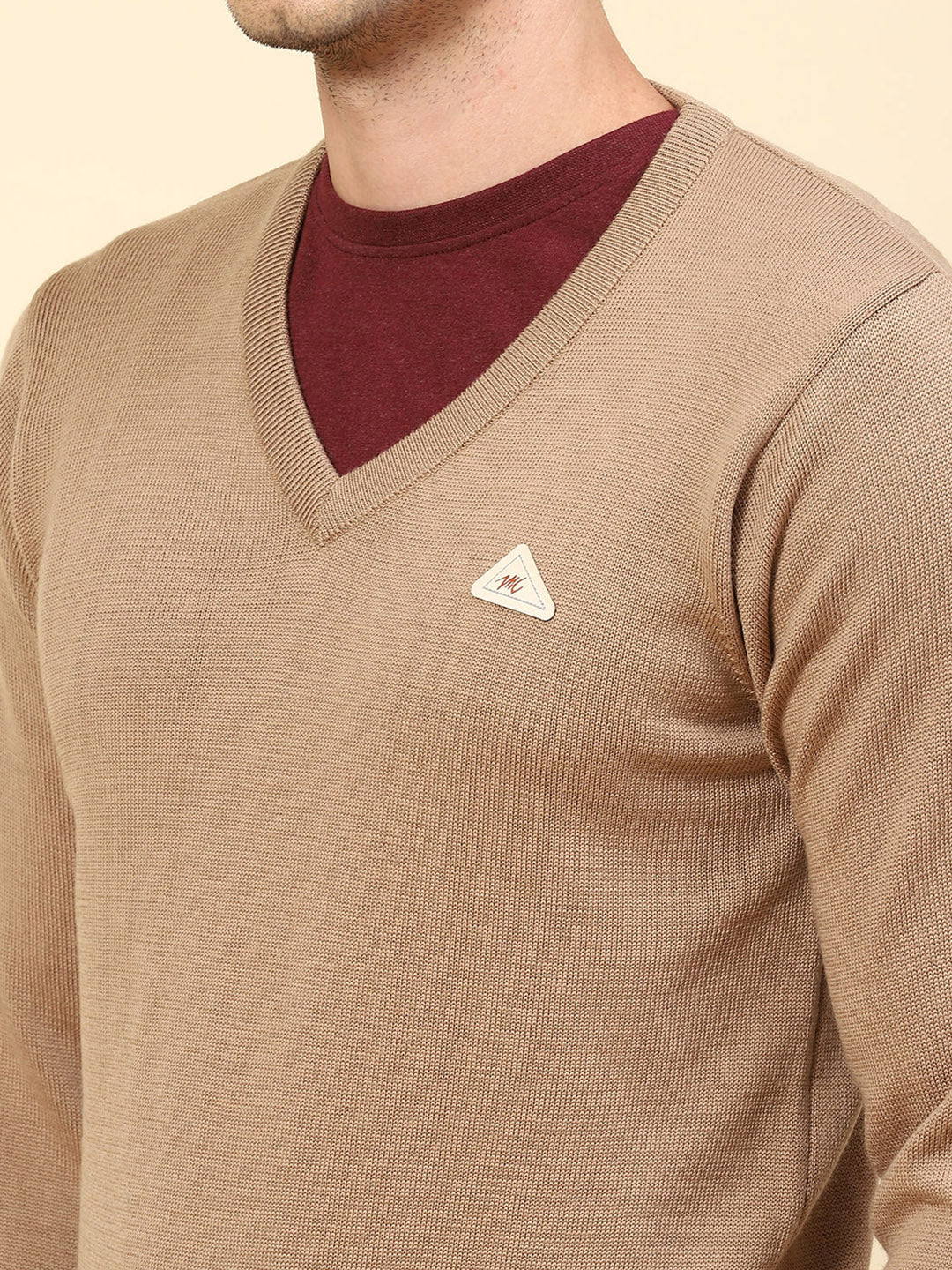 Men Khaki Solid V Neck Full Sleeve Pullover - Image 6