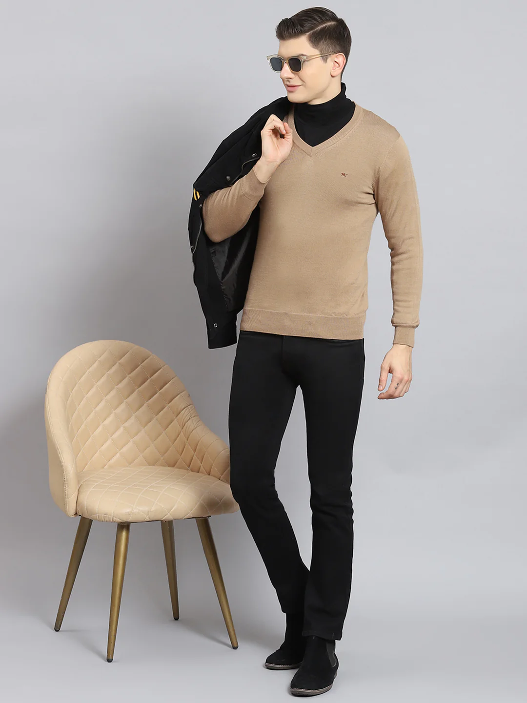 Men Khaki Solid V Neck Full Sleeve Pullover - Image 6