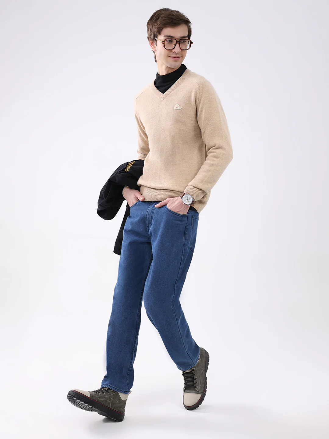 Men Khaki Solid V Neck Full Sleeve Pullover - Image 2