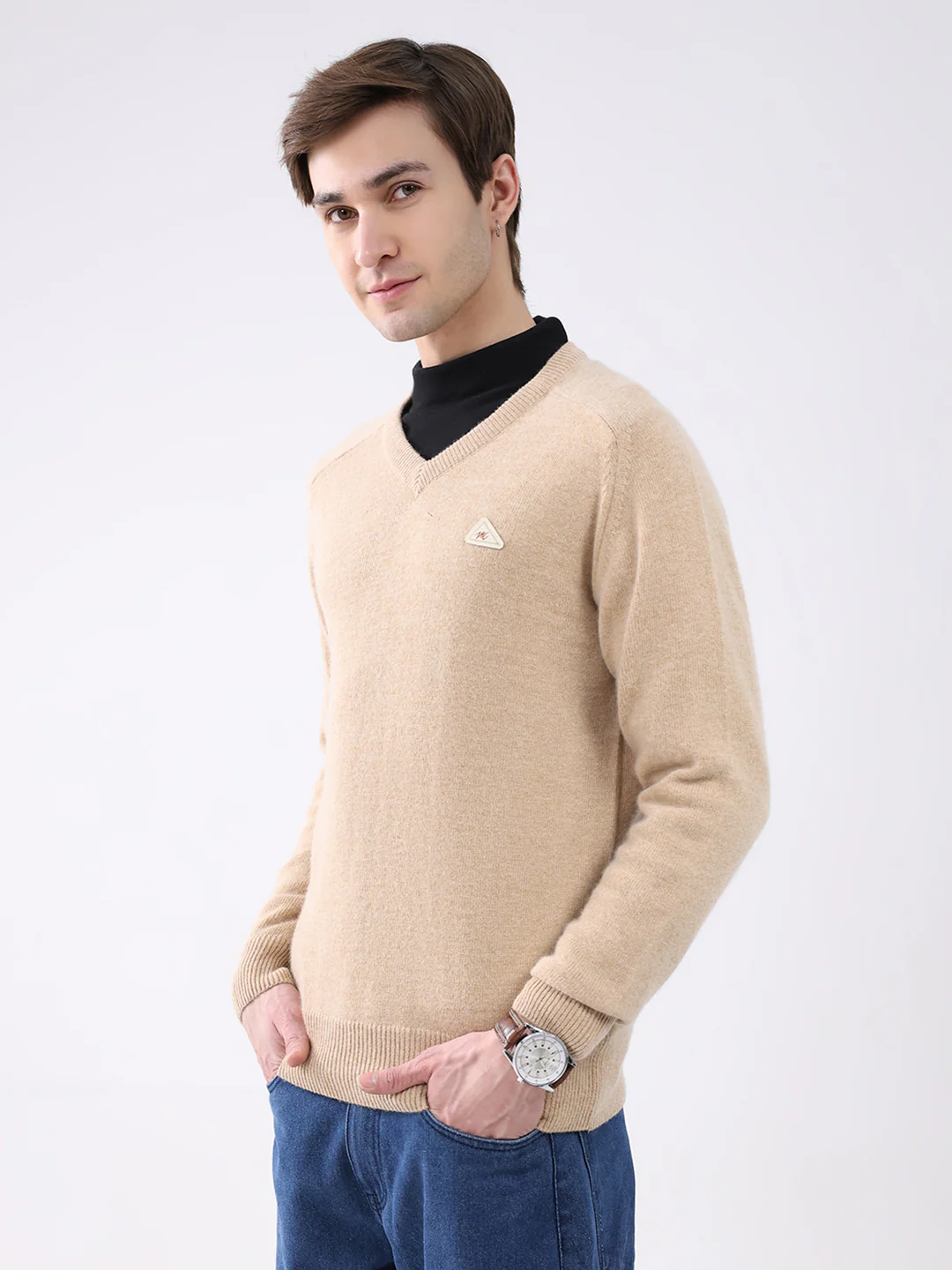 Men Khaki Solid V Neck Full Sleeve Pullover - Image 3