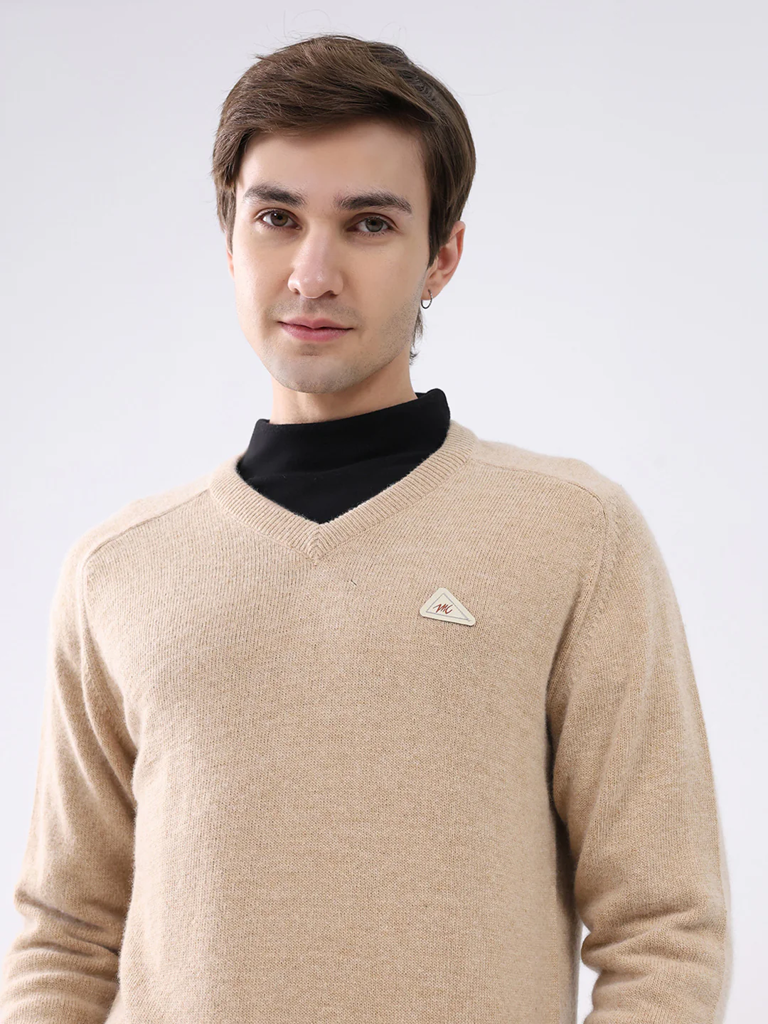 Men Khaki Solid V Neck Full Sleeve Pullover - Image 6