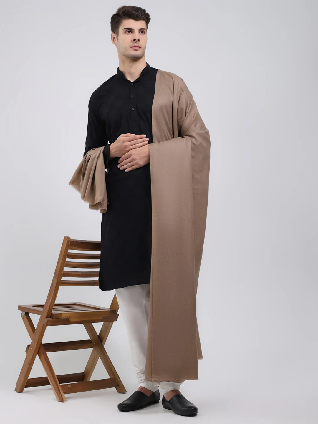 Men Khaki Solid Wool Blend Lohi Shawl - Image 2