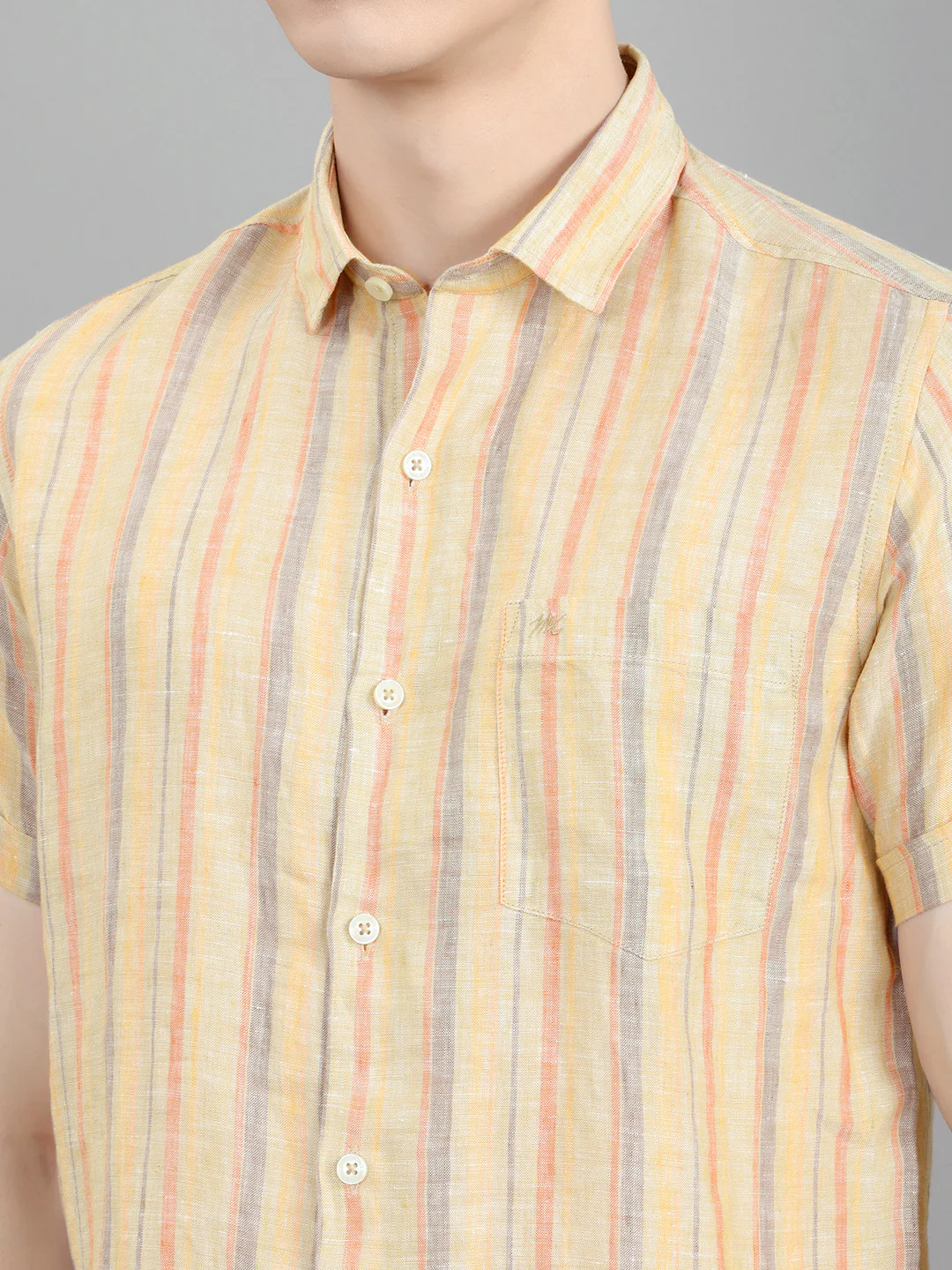 Men Khaki Stripe Collar Half Sleeve Shirt - Image 5
