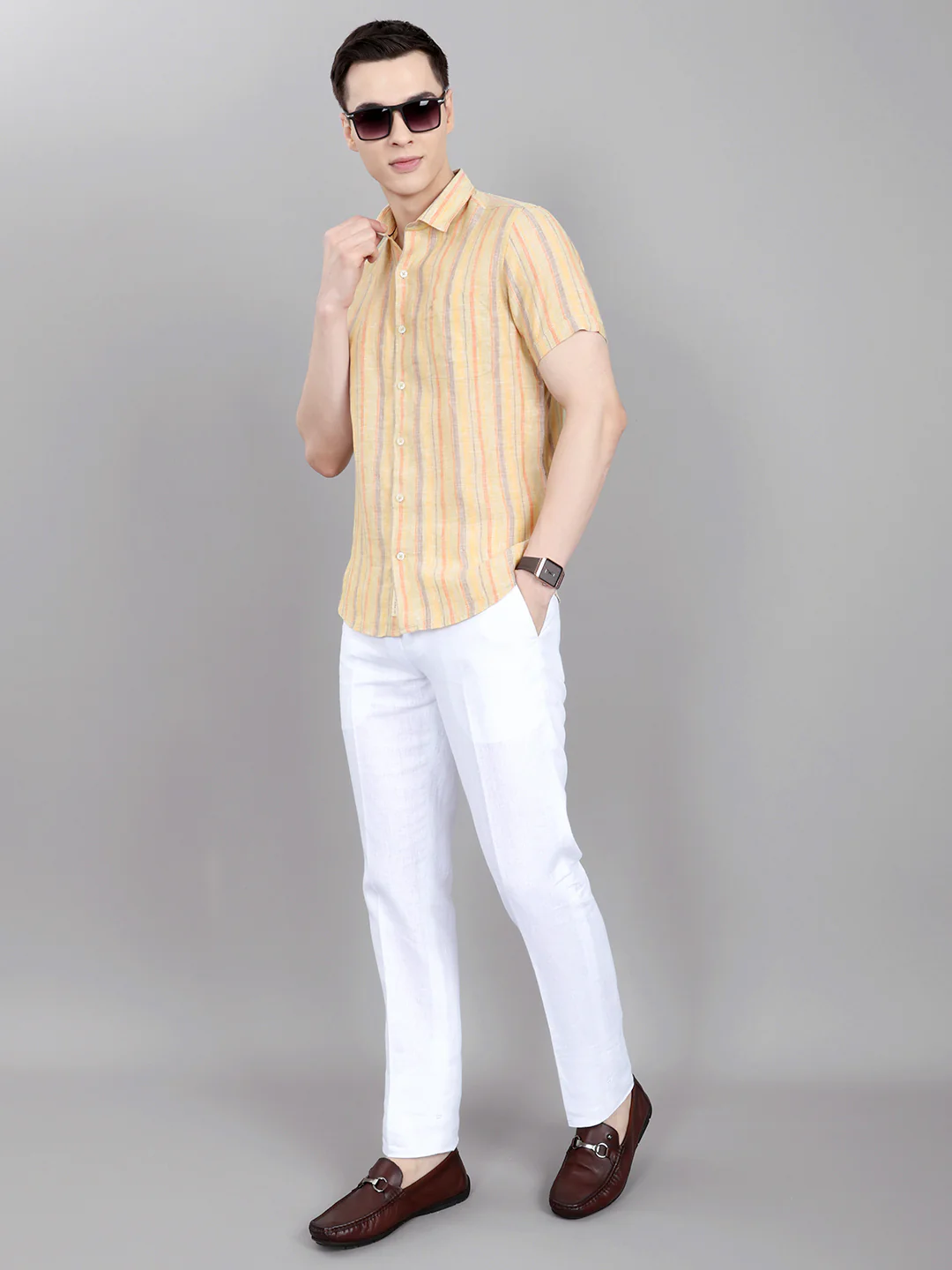 Men Khaki Stripe Collar Half Sleeve Shirt - Image 7