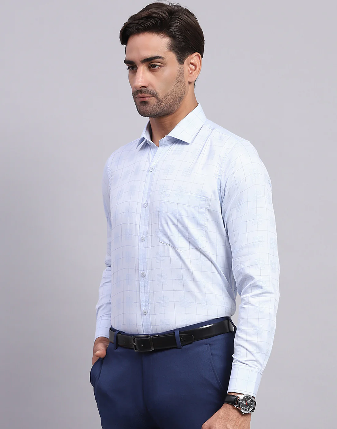 Men Light Blue Check Collar Full Sleeve Shirt - Image 3