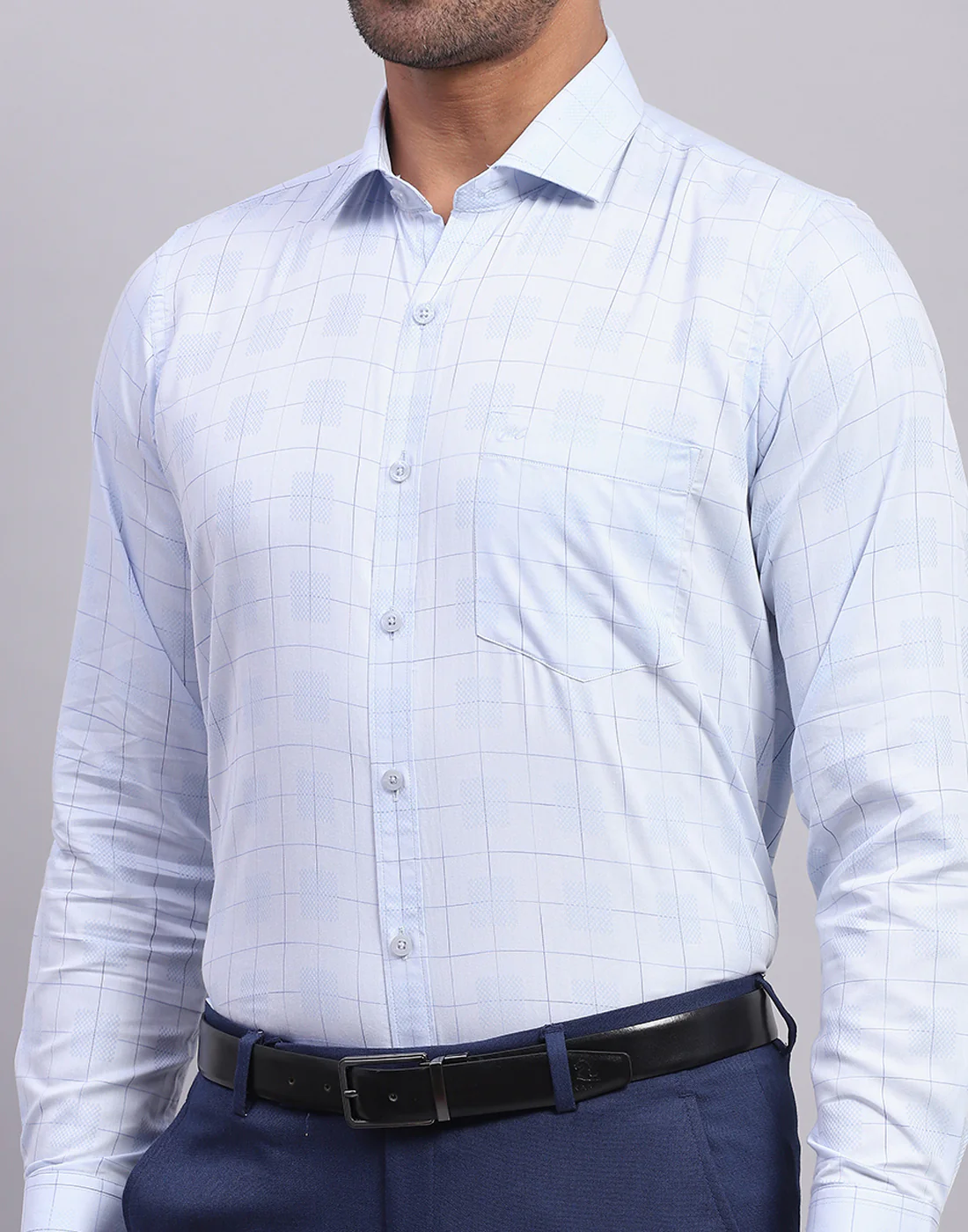 Men Light Blue Check Collar Full Sleeve Shirt - Image 6