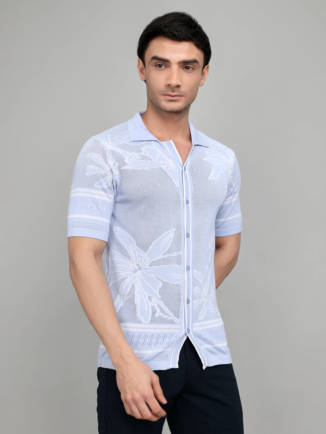 Men Light Blue Designer Collar Half Sleeve Knitted Shirt - Image 3