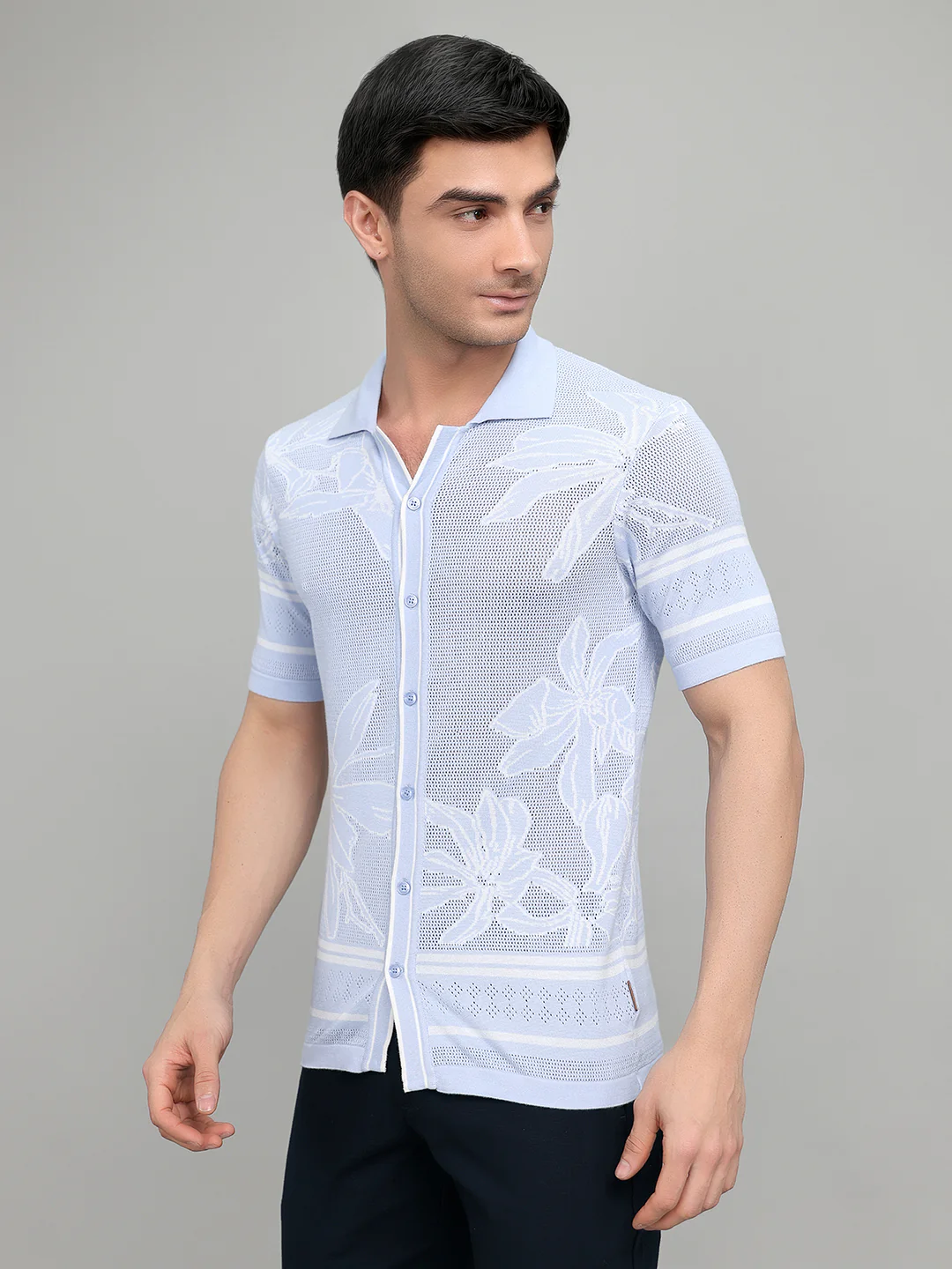 Men Light Blue Designer Collar Half Sleeve Knitted Shirt - Image 4