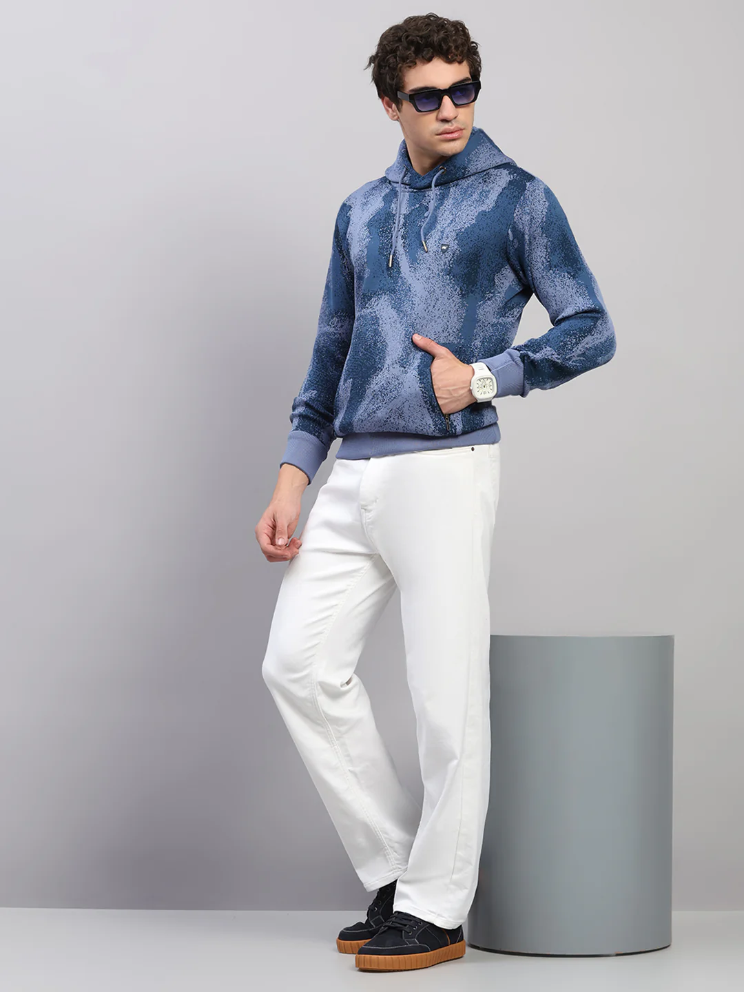 Men Light Blue Printed Hooded Full Sleeve Pullover - Image 2