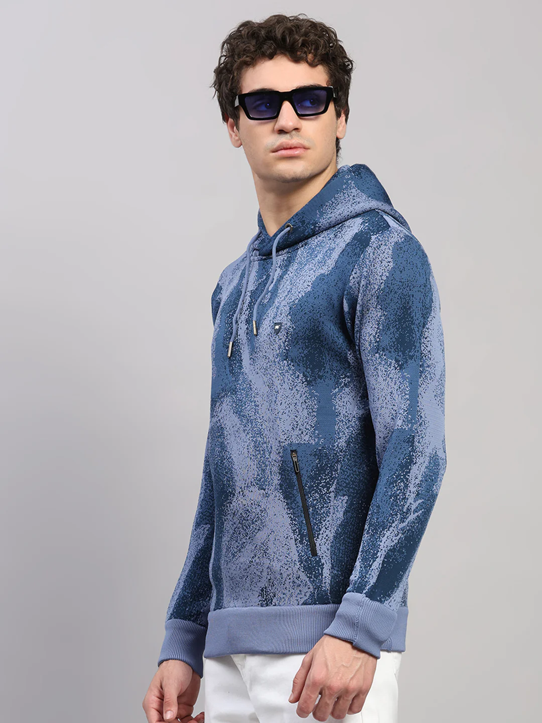 Men Light Blue Printed Hooded Full Sleeve Pullover - Image 3