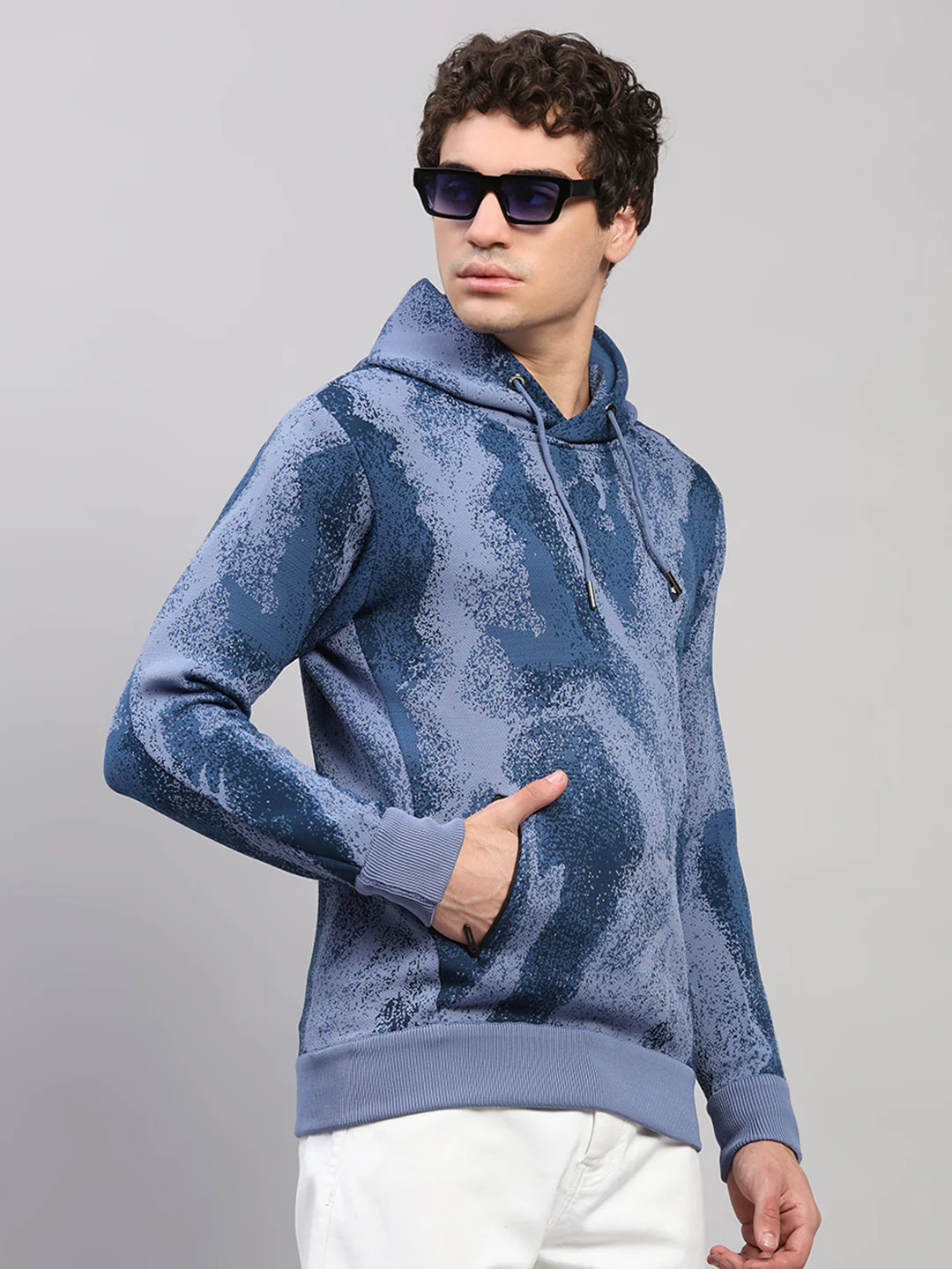 Men Light Blue Printed Hooded Full Sleeve Pullover - Image 4