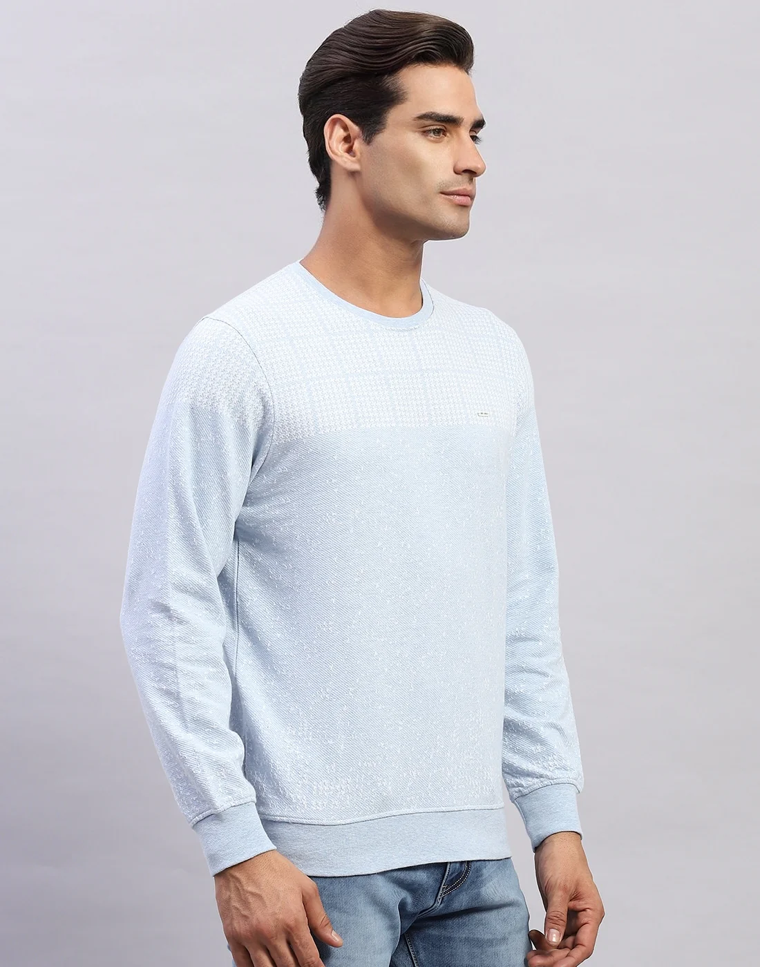 Men Light Blue Printed Round Neck Full Sleeve Winter T-Shirt - Image 4