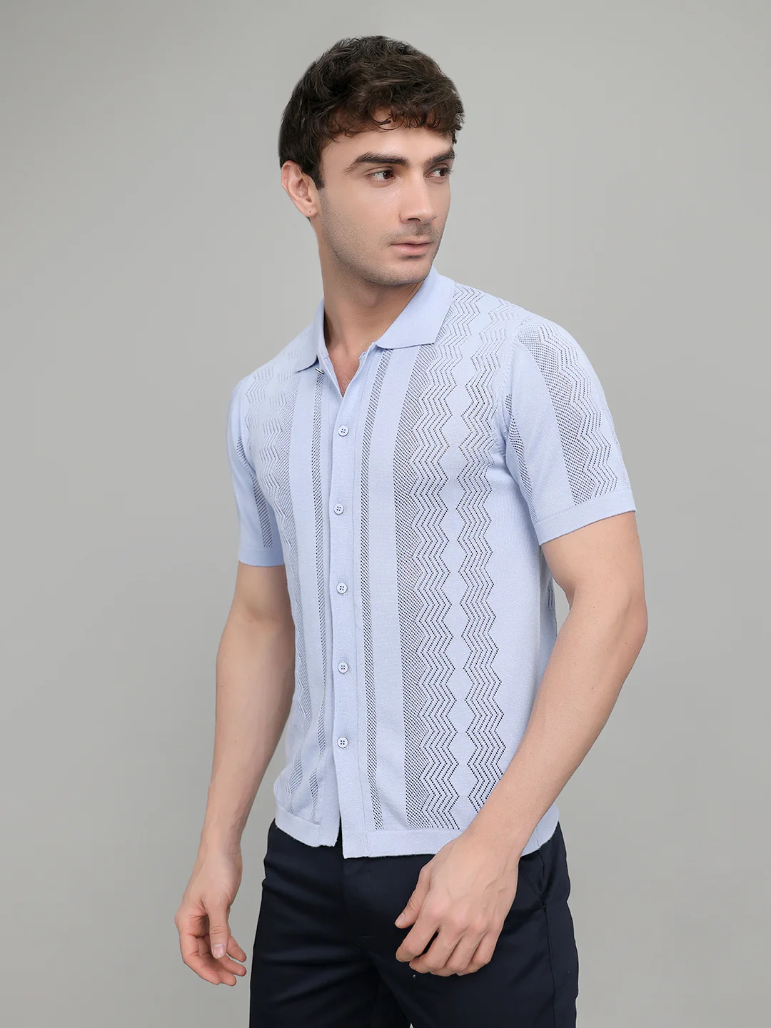 Men Light Blue Self Design Collar Half Sleeve Shirt - Image 2