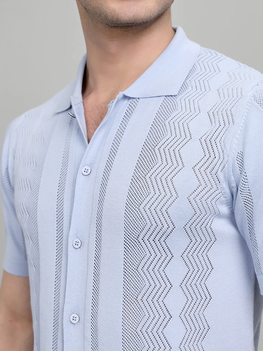 Men Light Blue Self Design Collar Half Sleeve Shirt - Image 5