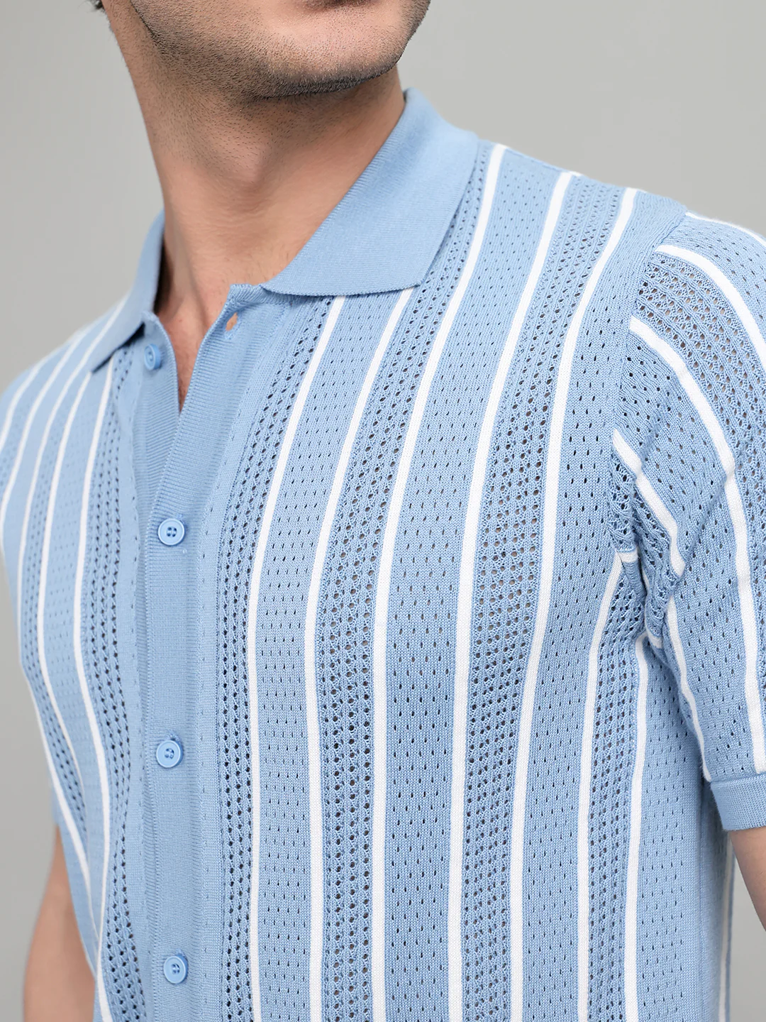 Men Light Blue Self Design Collar Half Sleeve Shirt - Image 4