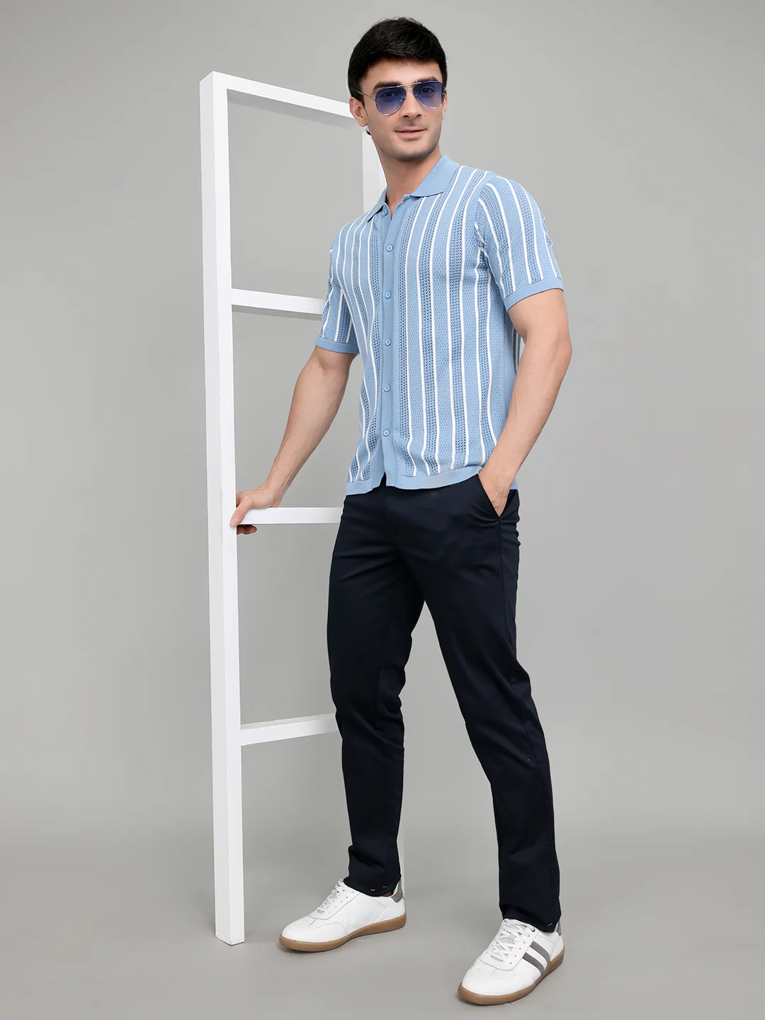 Men Light Blue Self Design Collar Half Sleeve Shirt - Image 6