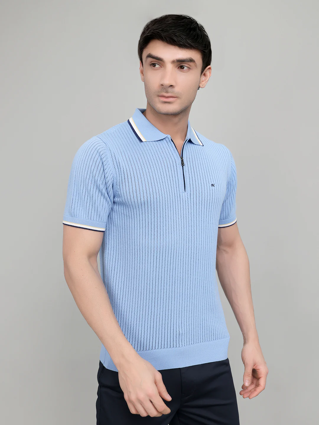 Men Light Blue Self Design Collar Half Sleeve T-Shirt - Image 2