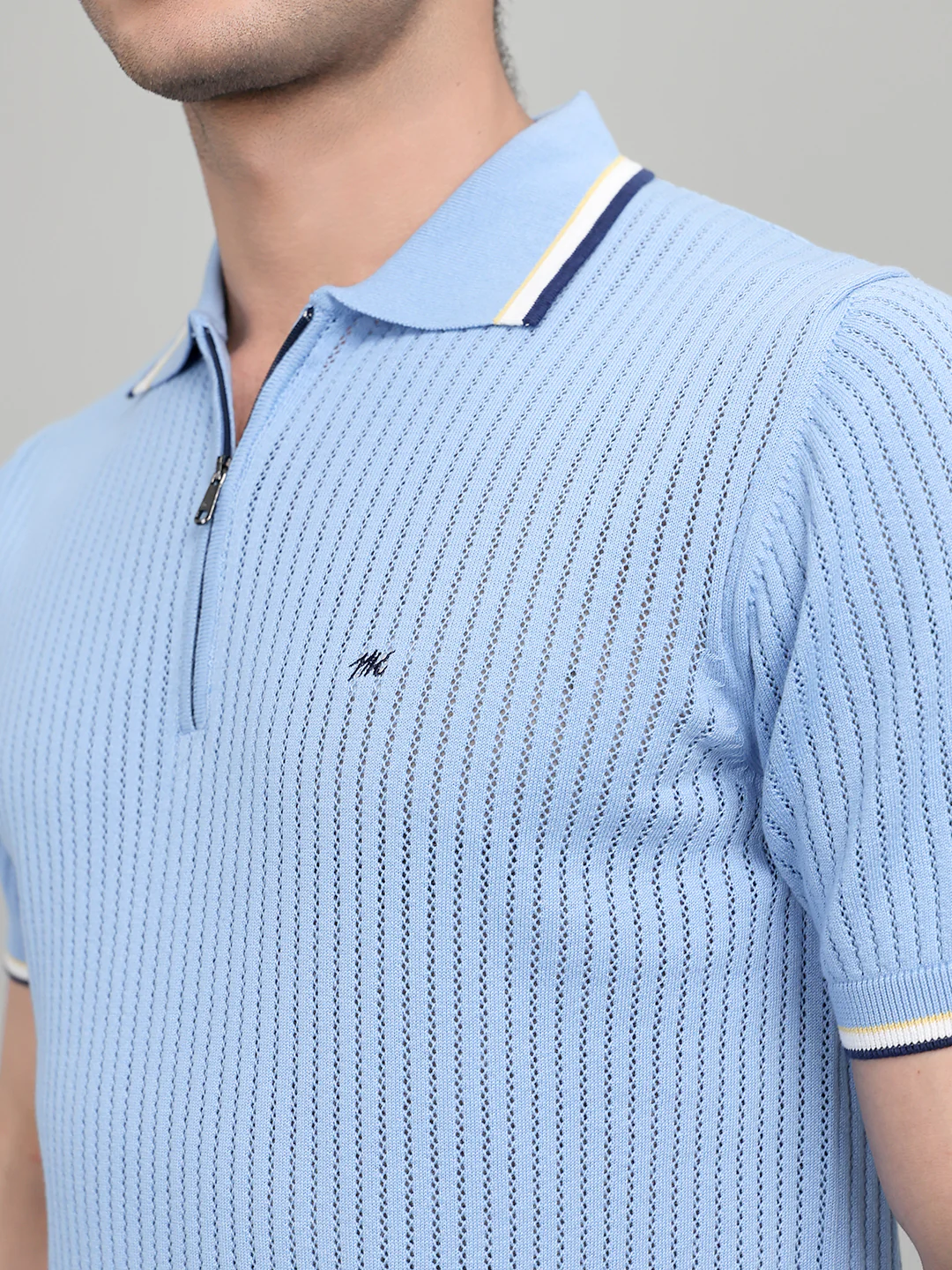 Men Light Blue Self Design Collar Half Sleeve T-Shirt - Image 5
