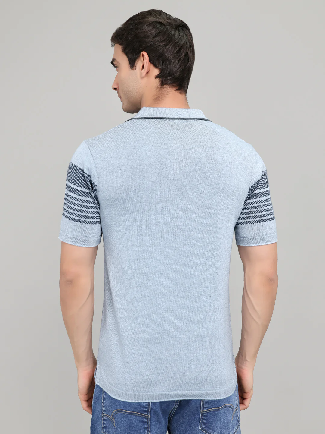 Men Light Blue Self Design Collar Half Sleeve T-Shirt - Image 4