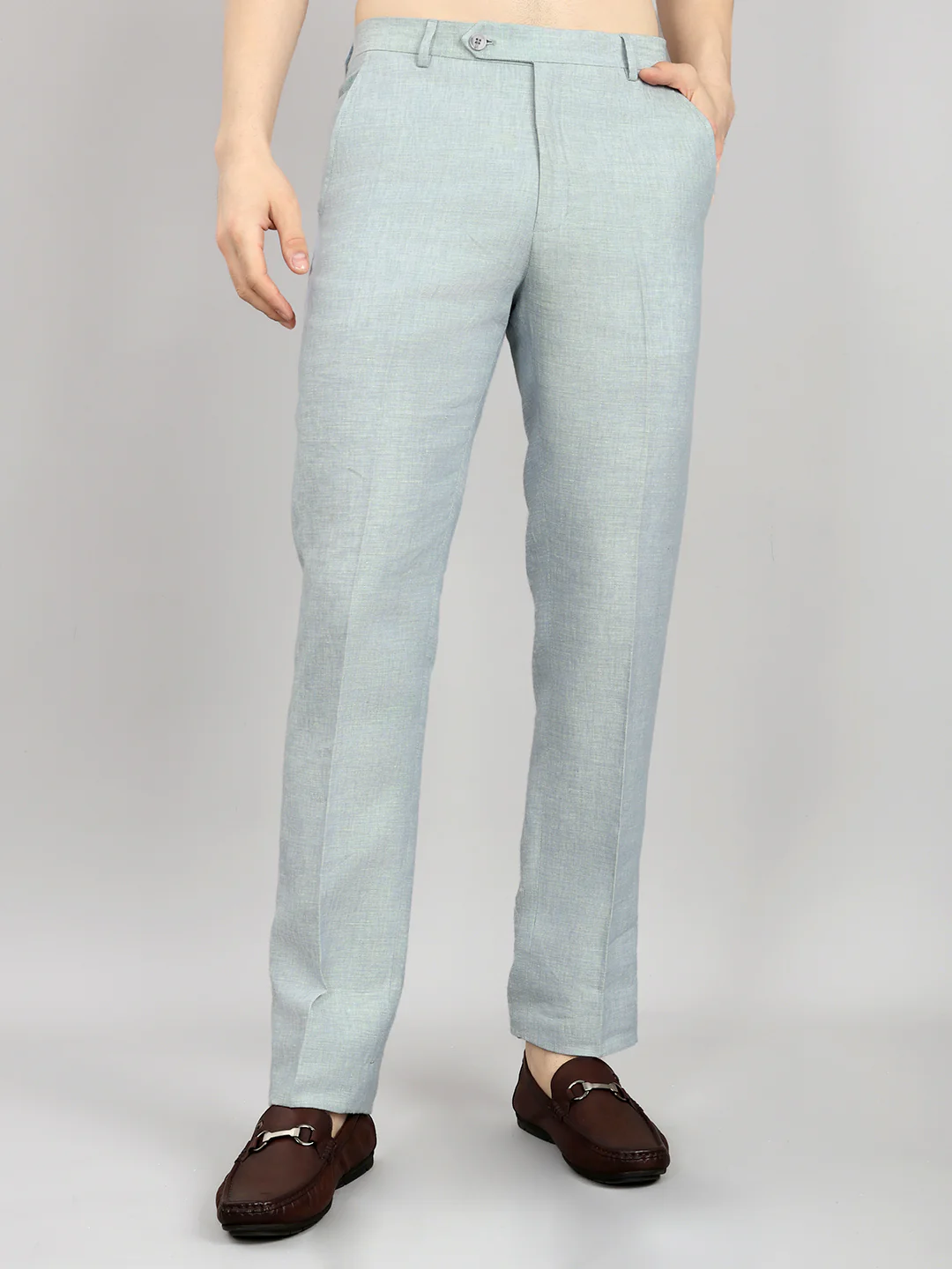 Men Light Blue Solid Regular Fit Trouser