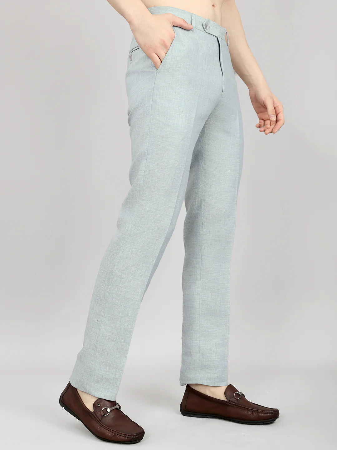 Men Light Blue Solid Regular Fit Trouser - Image 3