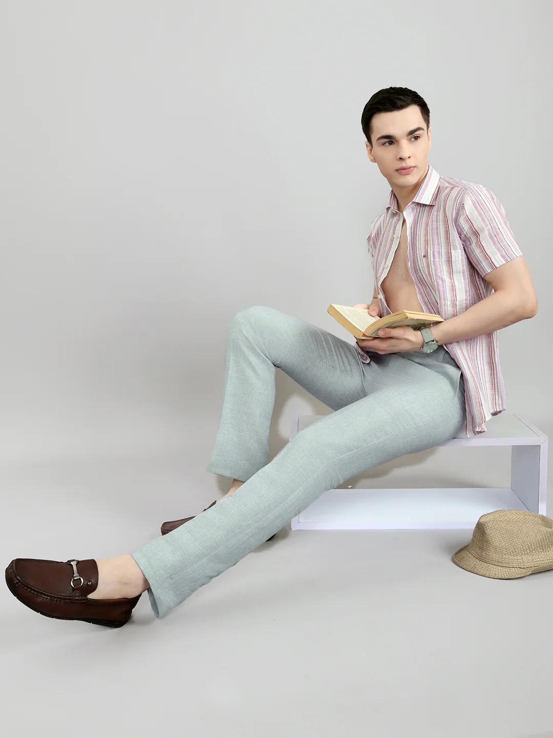 Men Light Blue Solid Regular Fit Trouser - Image 6