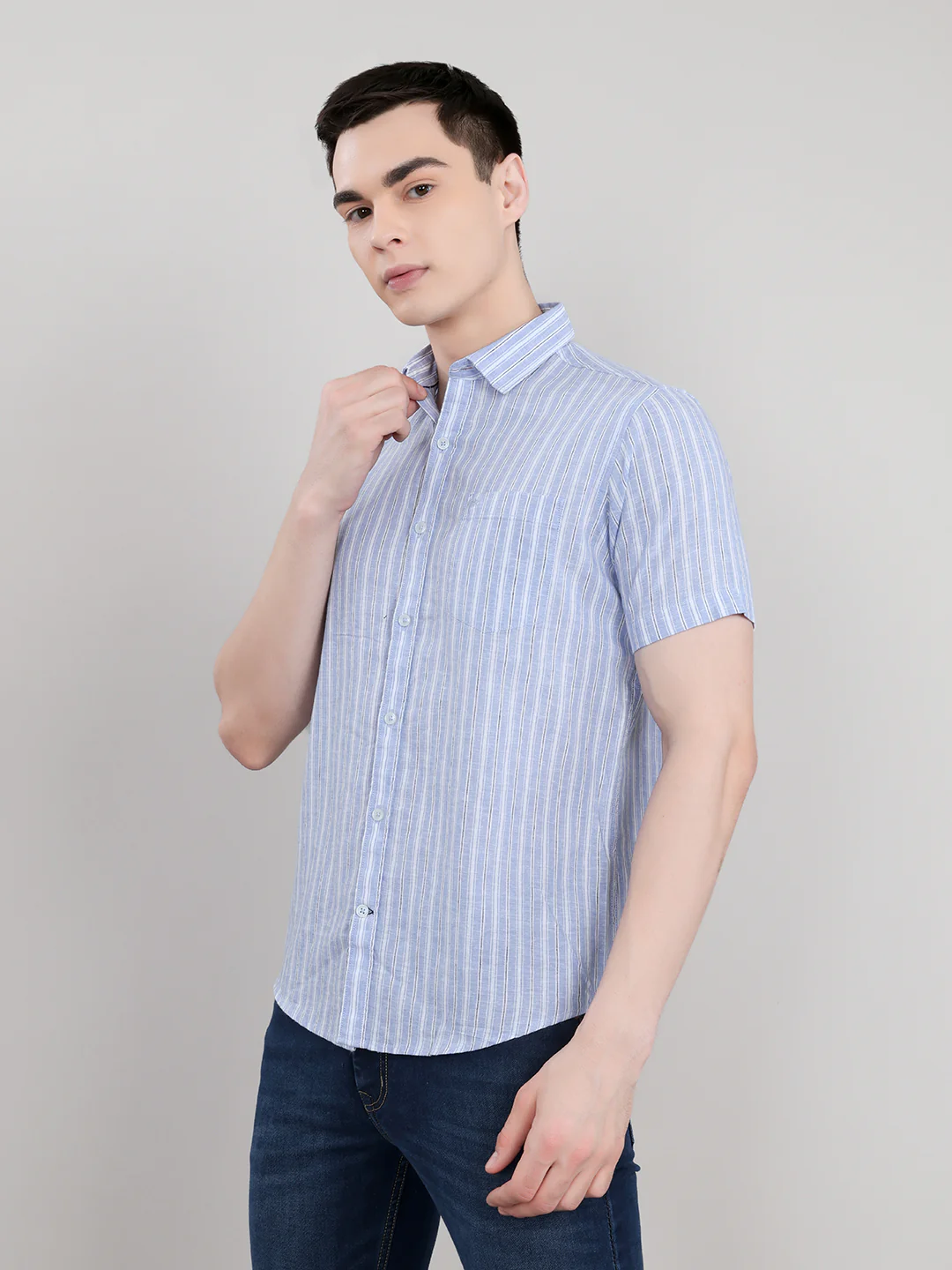 Men Light Blue Stripe Collar Half Sleeve Shirt - Image 2
