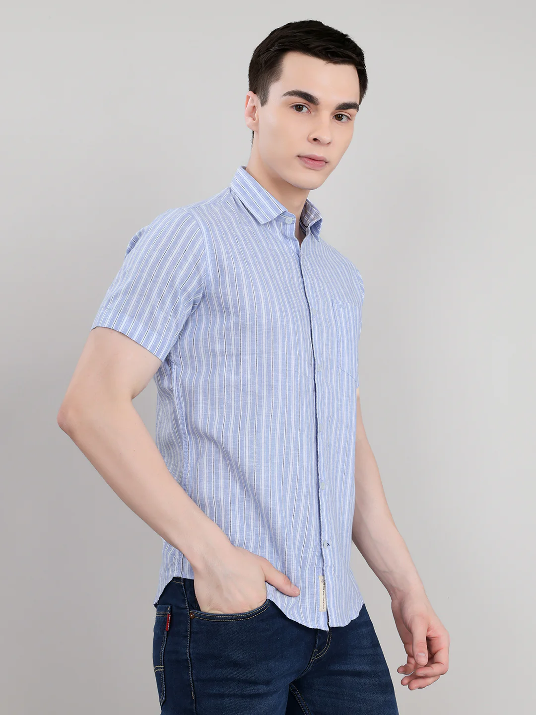 Men Light Blue Stripe Collar Half Sleeve Shirt - Image 3