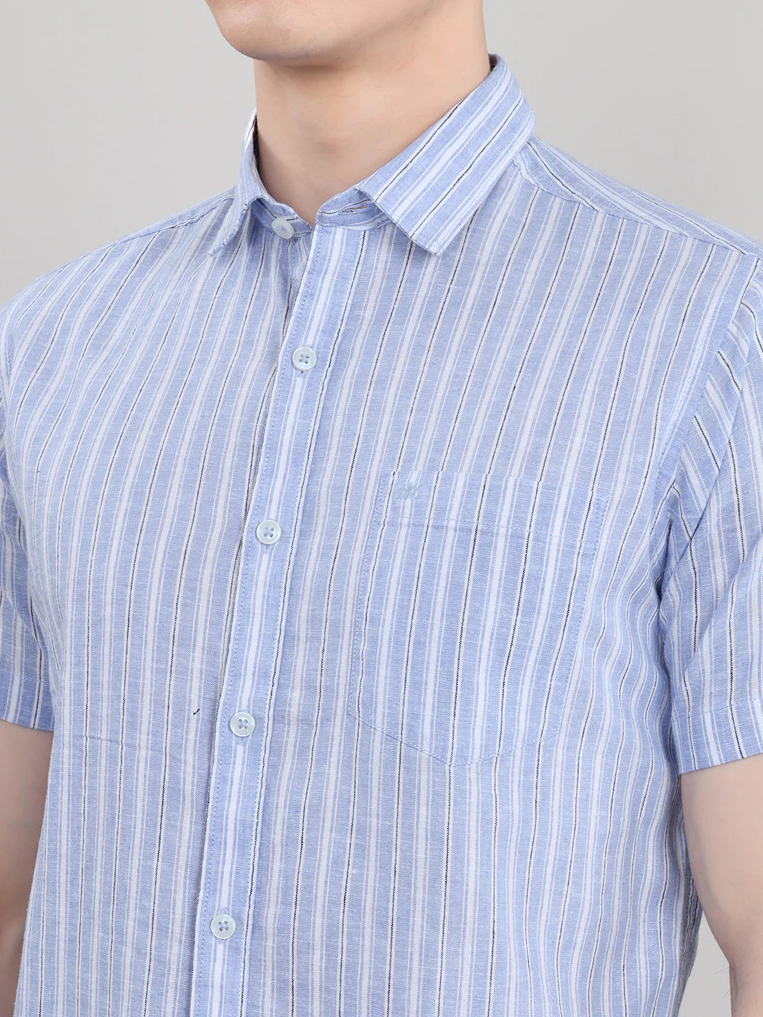 Men Light Blue Stripe Collar Half Sleeve Shirt - Image 5