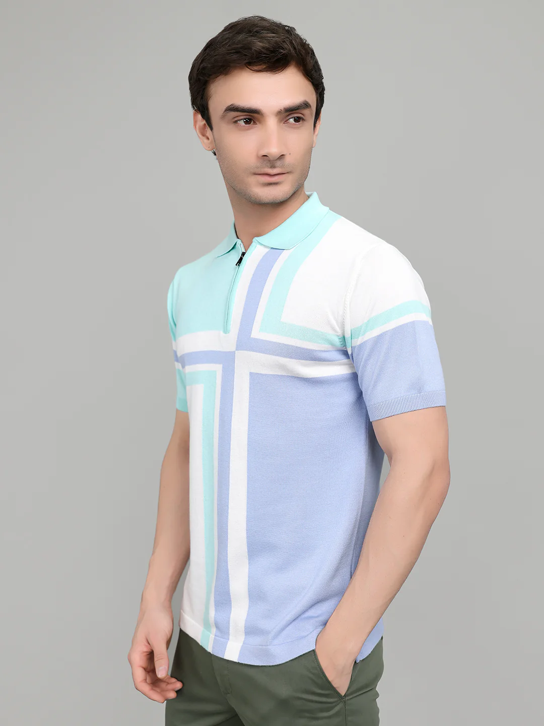 Men Light Blue Stripe Collar Half Sleeve T-Shirt - Image 2