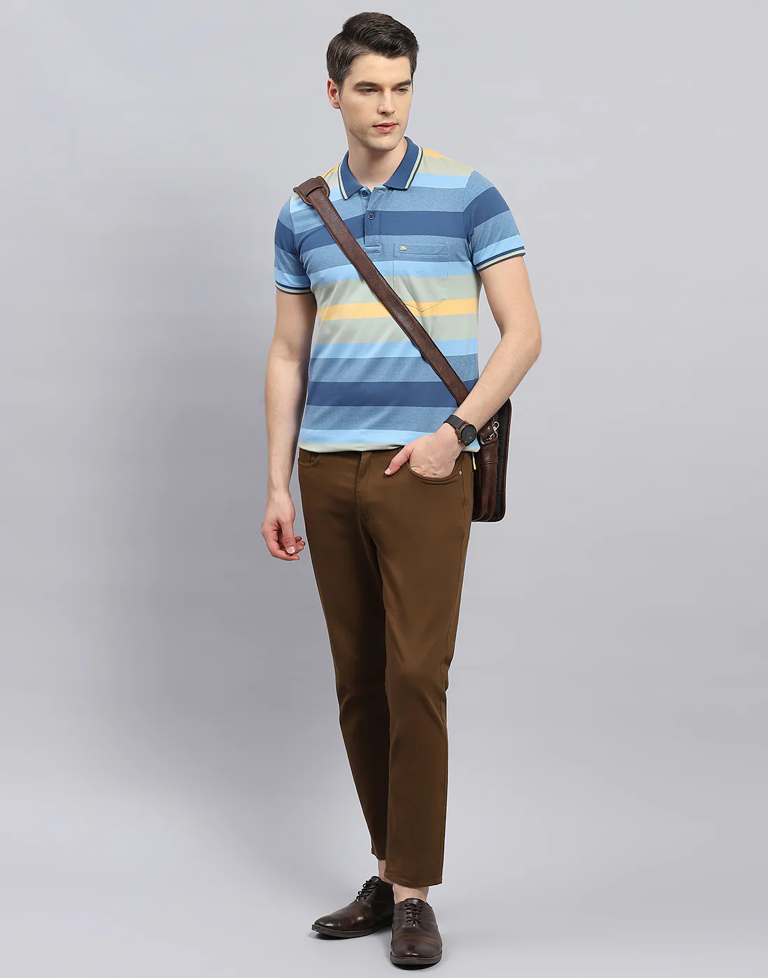 Men Light Blue Stripe Polo Collar Half Sleeve T-Shirt - Image 2