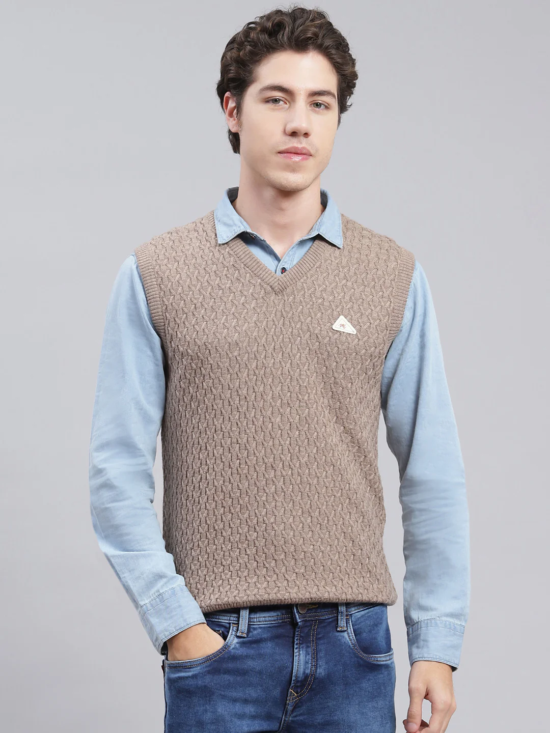 Men Light Brown Self Design Wool blend Sweater - Image 2