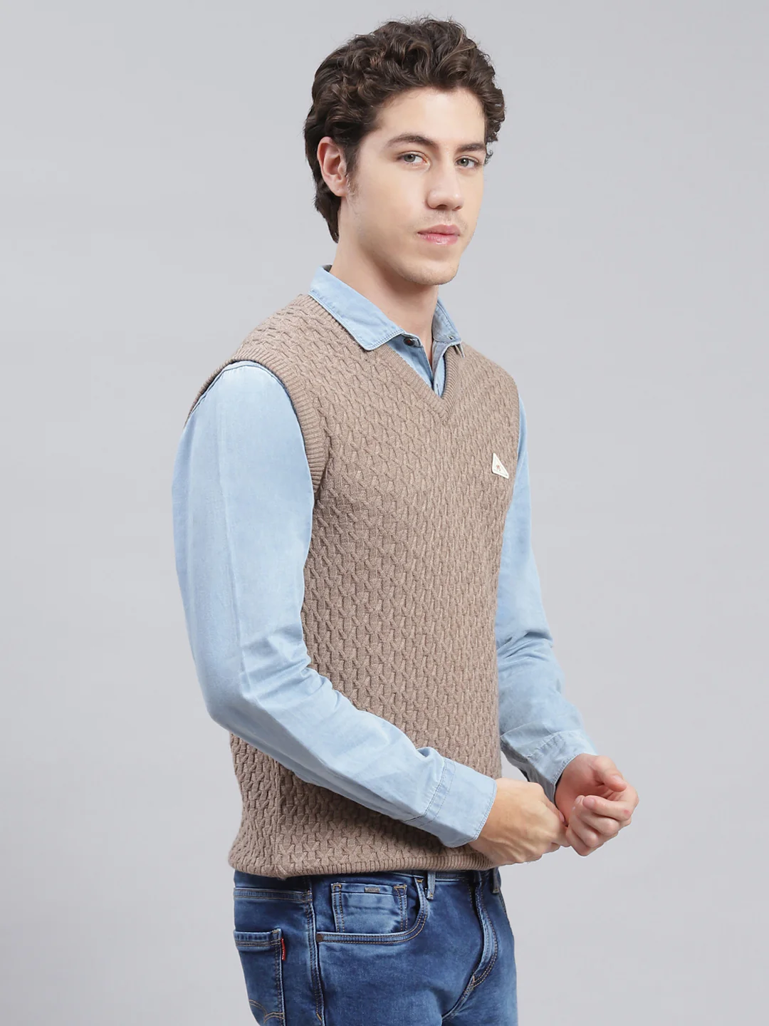 Men Light Brown Self Design Wool blend Sweater - Image 3