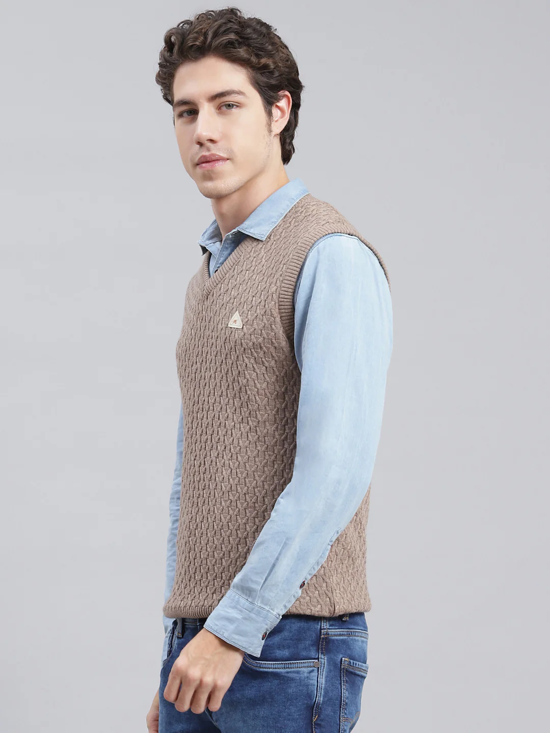 Men Light Brown Self Design Wool blend Sweater - Image 4