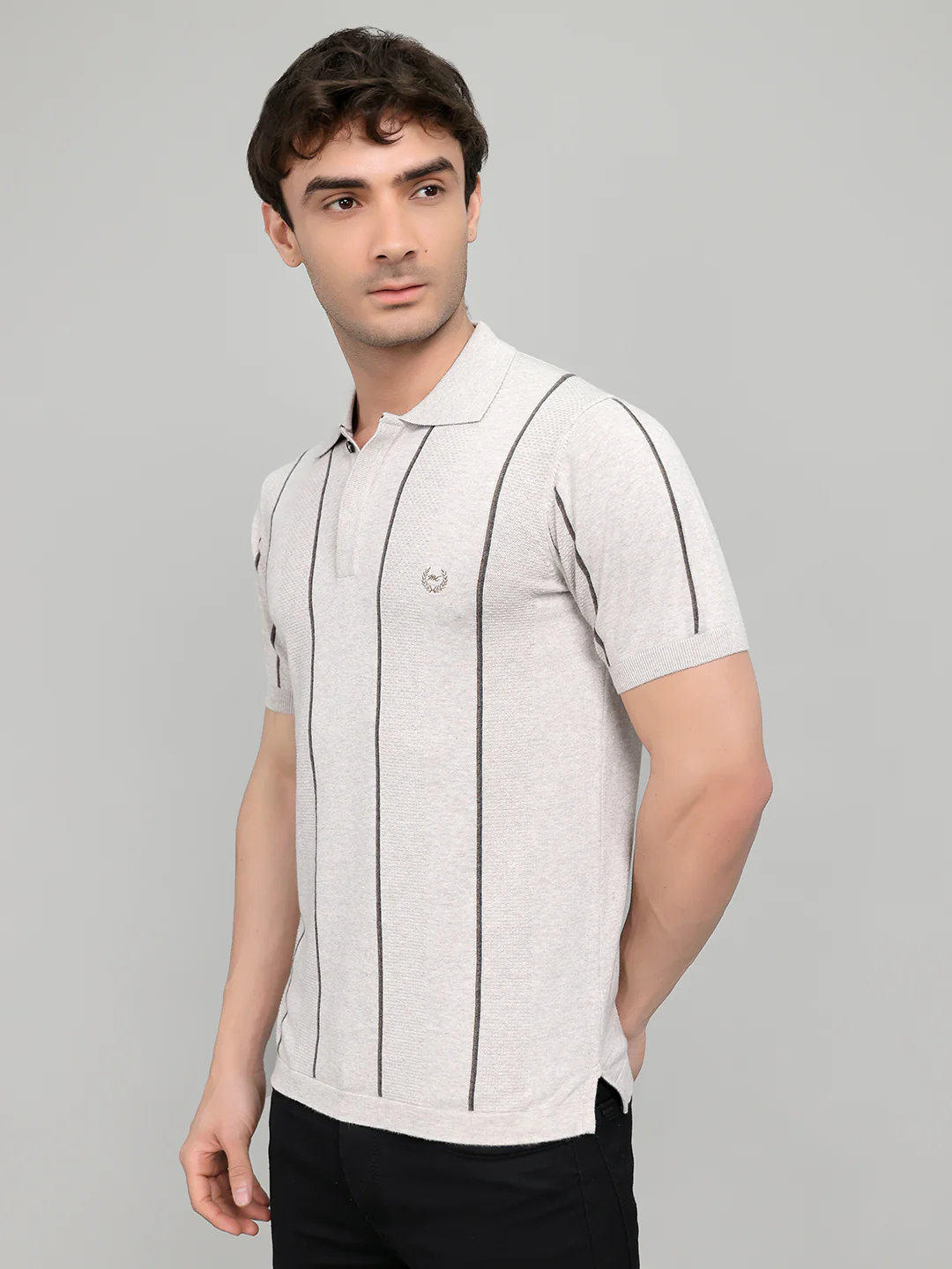 Men Light Grey Intarsia Collar Half Sleeve T-Shirt - Image 2