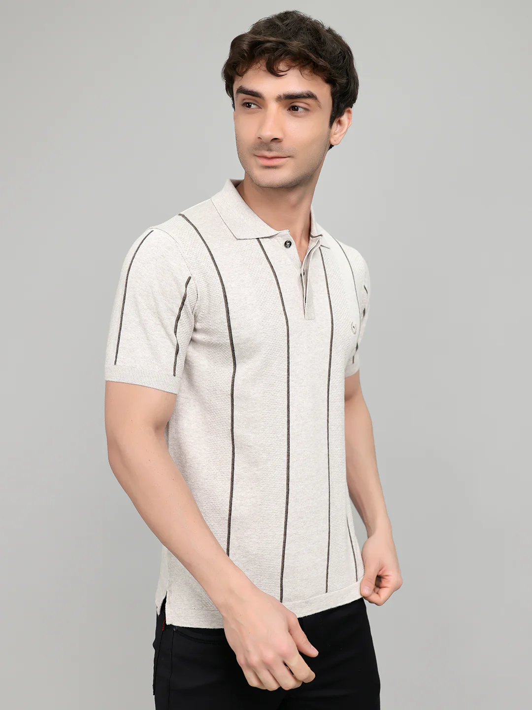 Men Light Grey Intarsia Collar Half Sleeve T-Shirt - Image 3