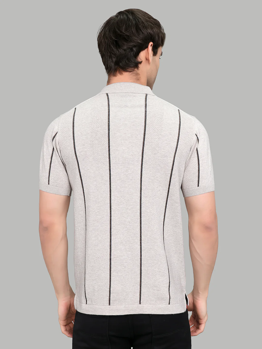 Men Light Grey Intarsia Collar Half Sleeve T-Shirt - Image 4
