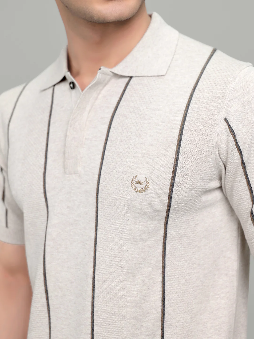 Men Light Grey Intarsia Collar Half Sleeve T-Shirt - Image 5