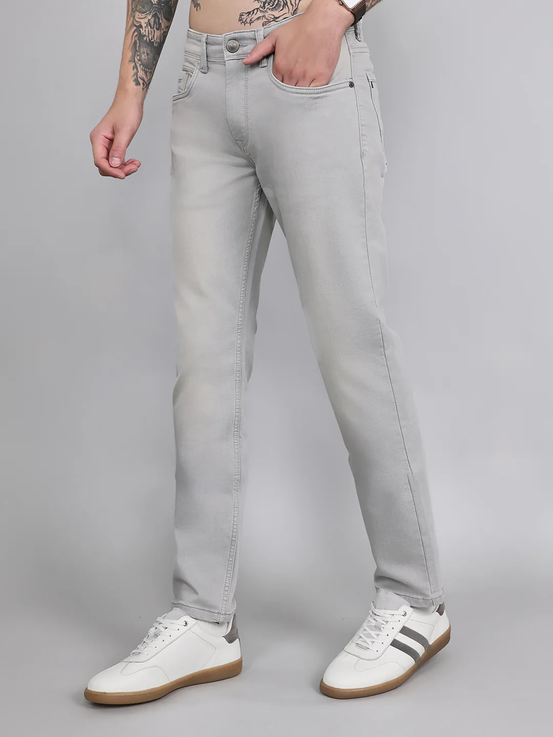 Men Light Grey Light Wash Narrow Fit Denim - Image 2