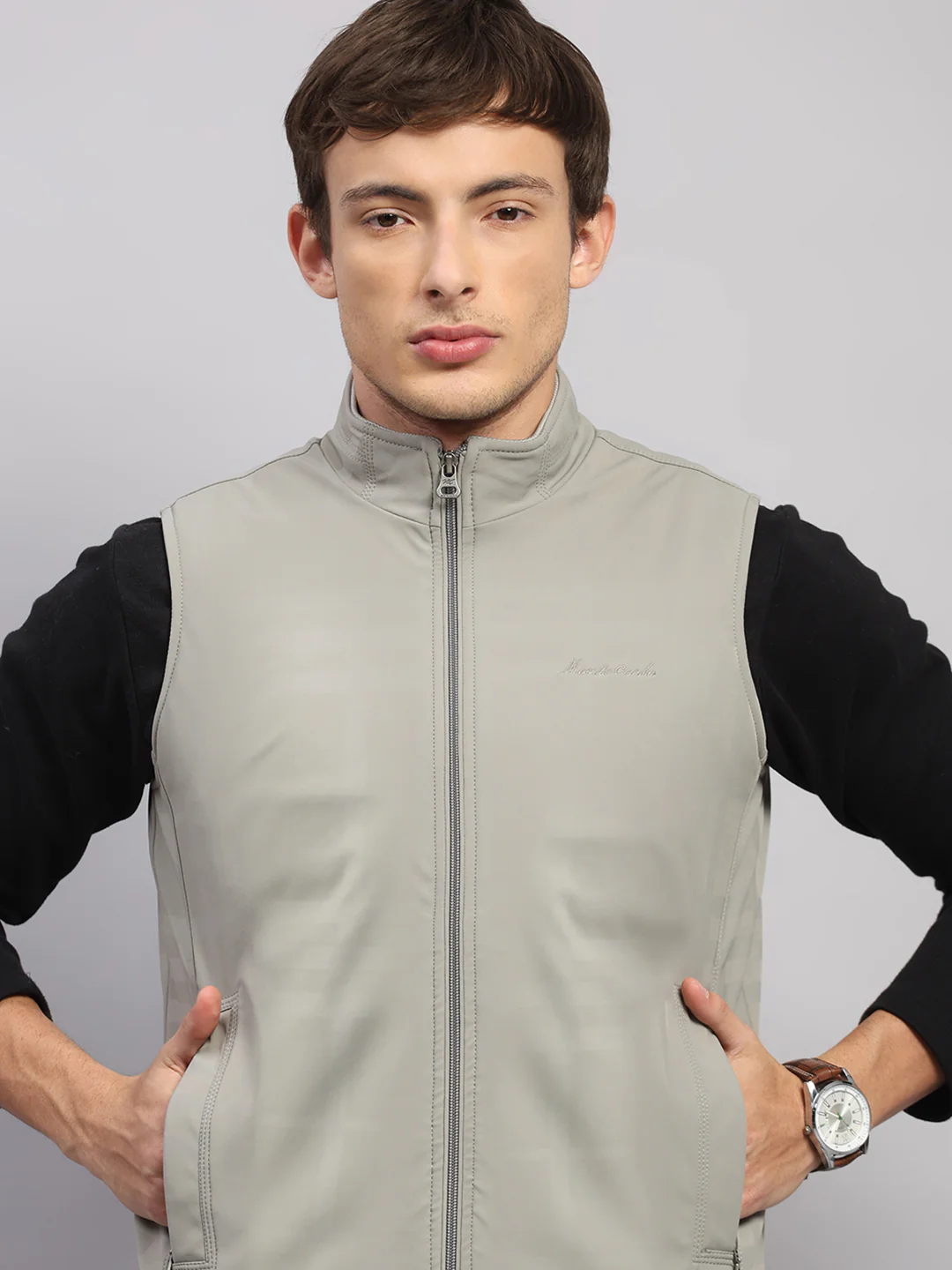 Men Light Grey Solid Collar Sleeveless Jacket - Image 7
