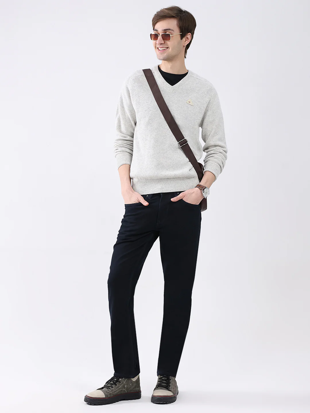 Men Light Grey Solid V Neck Full Sleeve Pullover - Image 2