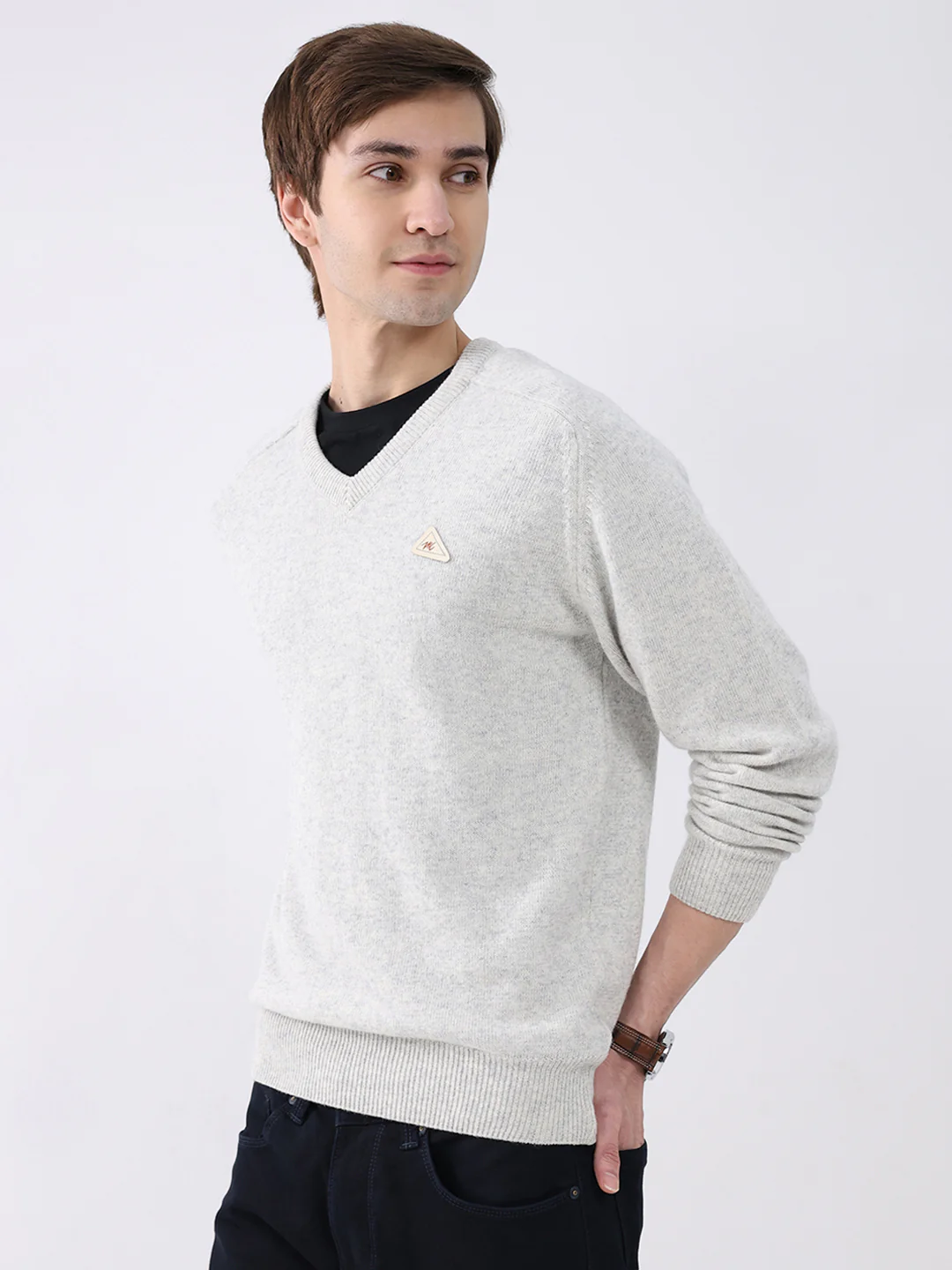 Men Light Grey Solid V Neck Full Sleeve Pullover - Image 3