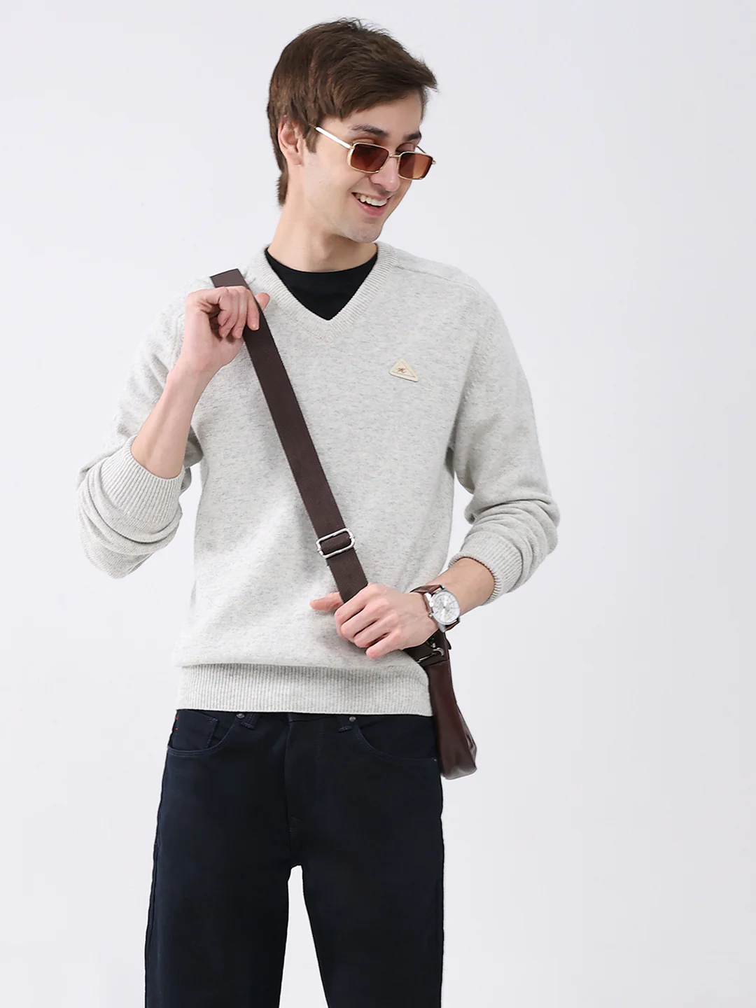 Men Light Grey Solid V Neck Full Sleeve Pullover - Image 6
