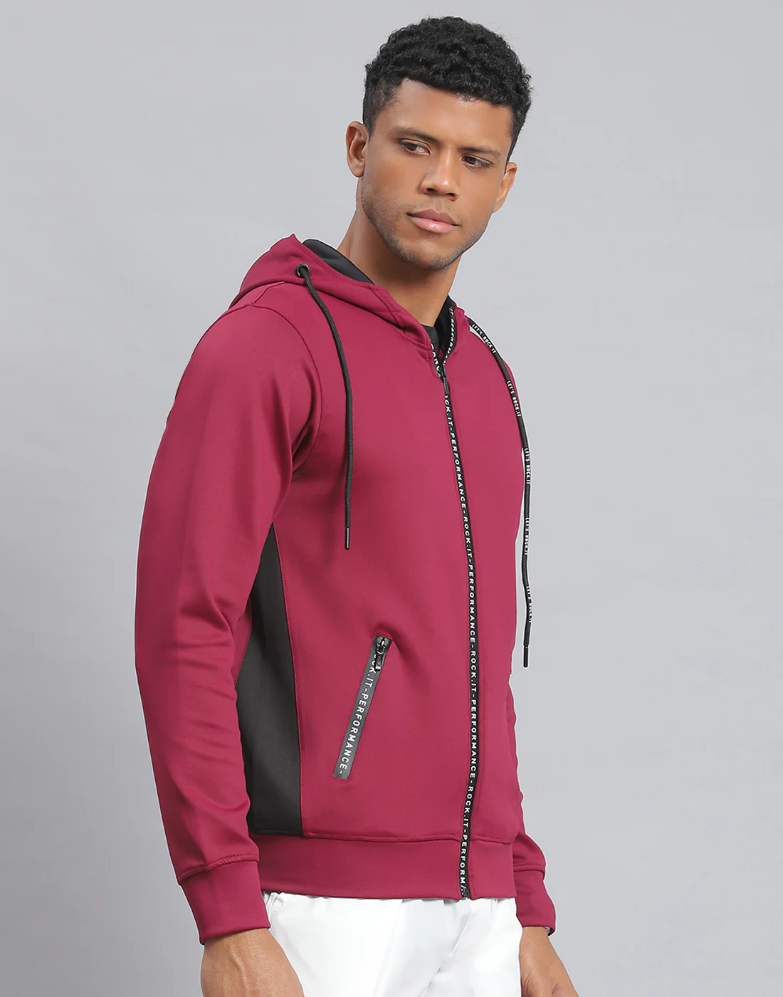 Rock.it Men Magenta Solid Hooded Full Sleeve Sweatshirt - Image 4